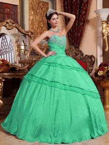 Discount Sweetheart Appliqued Taffeta Quince Gowns in Turquoise