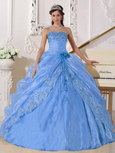 Cute Light Blue Ball Gown Strapless Quinceanera Gown in Organza