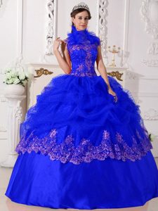 Halter Taffeta Sweet Quinceanera Dress with Appliques in Royal Blue