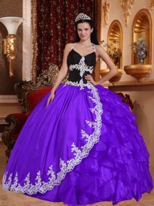 Purple and Black V-neck Dress for Quince with Appliques on Promotion