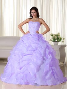 Lilac Perfect Strapless Organza Beaded Quince Dresses with Ruffles