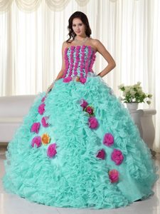 Cheap Baby Blue Strapless Organza Quinceanera Dress with Ruffles