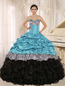 Aqua and Black Sweetheart Layered Quinceanera Dress with Pick-ups and Leopard