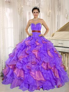 Multi-colored Sweetheart Ruffled Organza Quinceanera Dress with Beading and Belt
