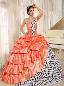Nice Strapless Orange Ball Gown Taffeta Quinceanera Dress with Pick-ups and Spots