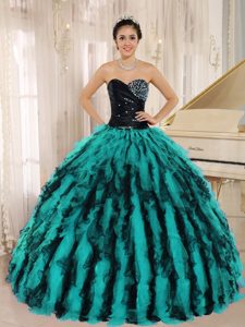 Beaded Sweetheart Black and Turquoise Organza Quinceanera Dresses with Ruffles