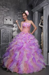 Lovely Multi-colored Strapless Organza Quinceanera Dress with Ruffles and Flowers