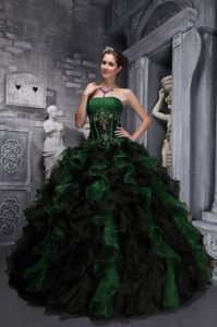 Exclusive Strapless Hunter Green and Black Beaded Quinceanera Dress with Ruffles