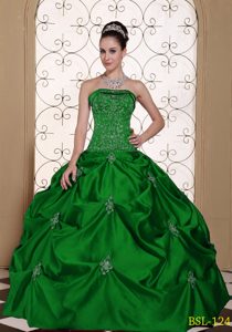 Embroidery Taffeta Strapless Modest Sweet Sixteen Dresses with Pick-ups