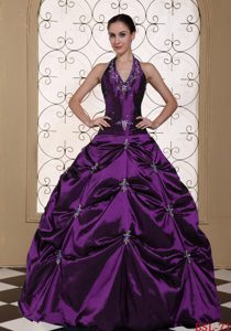 Eggplant Purple Halter Top Embroidery Quinceaneras Dress with Beading