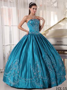 Cheap Teal Ball Gown Strapless Satin Embroidery Sweet Sixteen Dresses