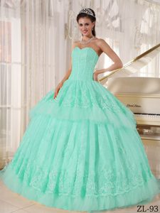 Pretty Apple Green Sweetheart Organza Quinceanera Dress with Appliques