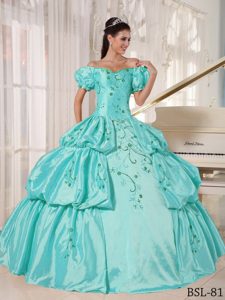 Auqa Blue Off The Shoulder Taffeta Embroidery Quinces Dress with Pick-ups