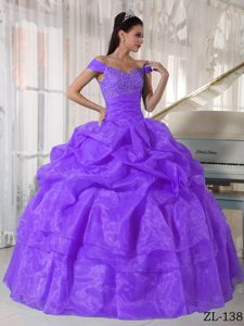 Purple Off The Shoulder Taffeta and Organza Quinces Dresses with Beading