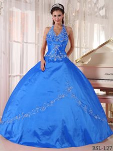Teal Ball Gown Halter Floor-length Taffeta Quinceanera Dress with Appliques