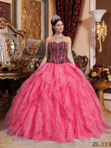 Sweetheart Organza Embroidery Beaded Quinceanera Gowns in Coral Red