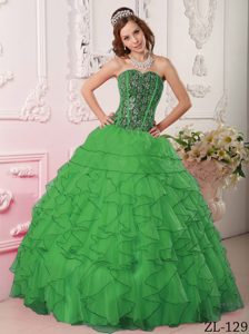 Dark Green Sweetheart Floor-length Organza Quinces Dresses with Beading