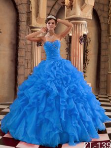 Blue Sweetheart Organza Quinceanera Dresses with Beading and Ruffles