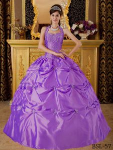 Best Purple Halter Floor-length Tafftea Quinceanera Gowns with Appliques