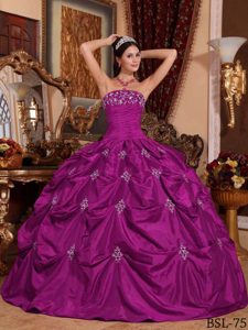Fitted Fuchsia Taffeta Quinceanera Gown Dress with Appliques and Pick-ups