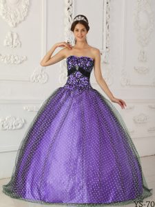 Black and Purple Taffeta and Tulle Quince Dress with Beading and Appliques