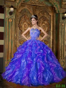 Nice Purple Strapless Quinces Dresses with Ruffles and Beading in Organza