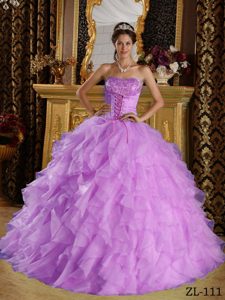 Purple Satin and Organza Embroidery Dress for Quinceanera with Beading