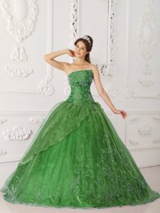 Strapless Satin and Organza Dress for Quince with Beading in Olive Green