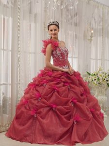 Red One-shoulder Organza Sweet 15 Dresses with Appliques and Beading