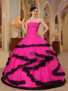 Hot Pink Strapless Organza Dresses for Quince with Appliques and Beading