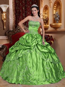 Spring Green Strapless Taffeta Embroidery Sweet Sixteen Dress with Beading