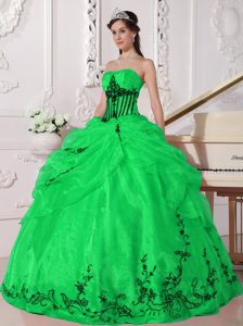 Green and Black Strapless Organza Quinceanera Gown Dress with Appliques