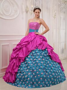 Hot Pink and Blue Strapless Taffeta Quince Dresses with Beading and Ruche