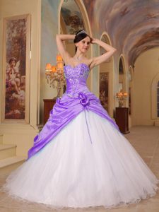 Lavender and White A-line Quince Dresses with Beading in Tulle and Taffeta