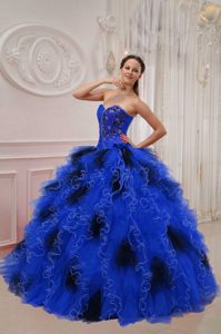 Blue and Black Sweetheart Organza Beaded and Ruched Quinceanera Dress