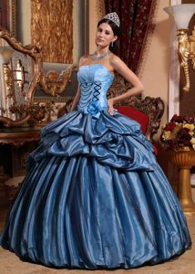 Blue Strapless Taffeta Quinceanera Dresses with Hand Made Flowers on Sale