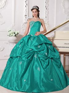 Turquoise Sweetheart Taffeta Beaded Quinceanera Gown Dress with Pick-ups