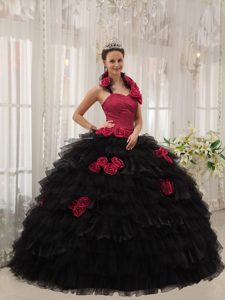 Hot Red and Black Halter Top Quinceanera Dress with Hand Made Flowers