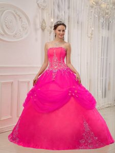Hot Pink Strapless Taffeta and Tulle Quinceanera Dress with Appliques on Sale