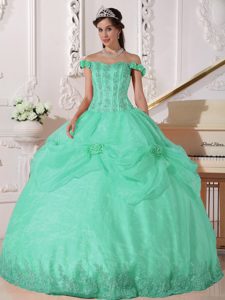 Popular Green off the Shoulder Quinceanera Dress with Hand Made Flowers
