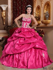 Bright Hot Pink Strapless Taffeta Appliqued Quinceanera Dresses for Cheap