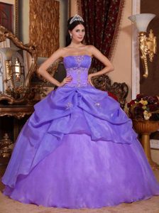 Purple Strapless Organza Beaded Quinceanera Dress with Ruching for Cheap
