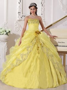 Yellow Strapless Organza Quinceanera Dress with Embroidery and Beading
