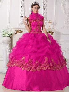 Hot Pink Halter Top Taffeta Beaded and Appliqued Quinceanera Dress on Sale