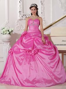Pretty Hot Pink Taffeta Beaded Quinceanera Dress with Hand Made Flowers
