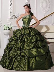 Olive Green One Shoulder Quinceanera Dress with Appliques and Pick-ups