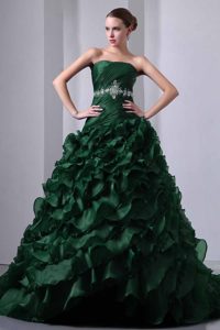 Strapless Taffeta and Organza Beaded and Ruched Quinceanea Dress on Sale