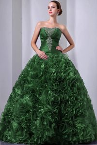 Green Strapless Organza Beaded Quinceanea Dress with Hand Made Flowers