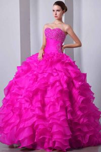 Hot Pink Sweetheart Organza Quinceanea Dresses with Beading and Ruffles