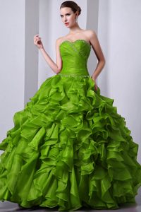Pretty Green Sweetheart Organza Quinceanea Dress with Beading and Ruffles